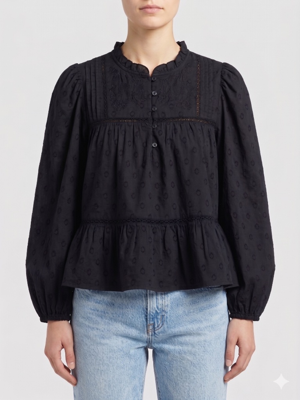 Levi's Womens Black Embroidered Eyelet Blouse Long Sleeve Peplum Top Size XS